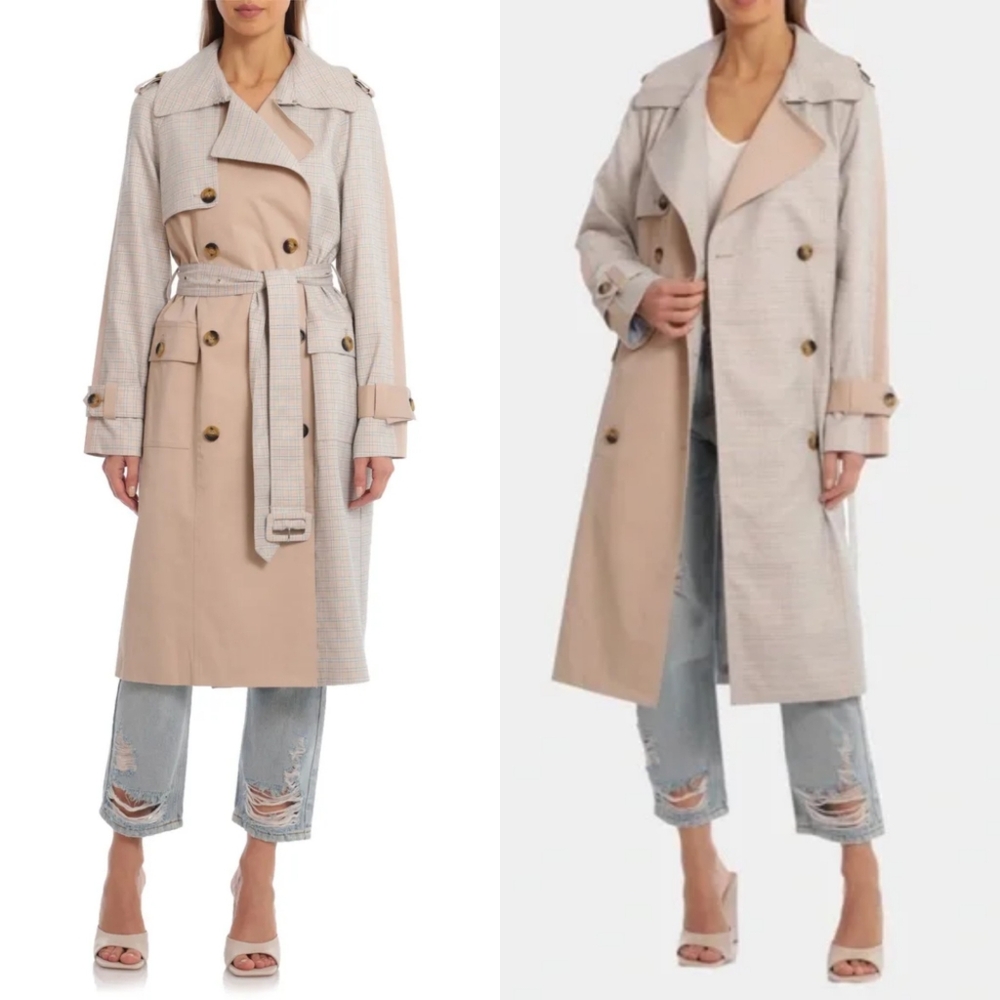 NWT Avec Les Filles Combo Plaid Double Breasted Trench Coat Size LARGE